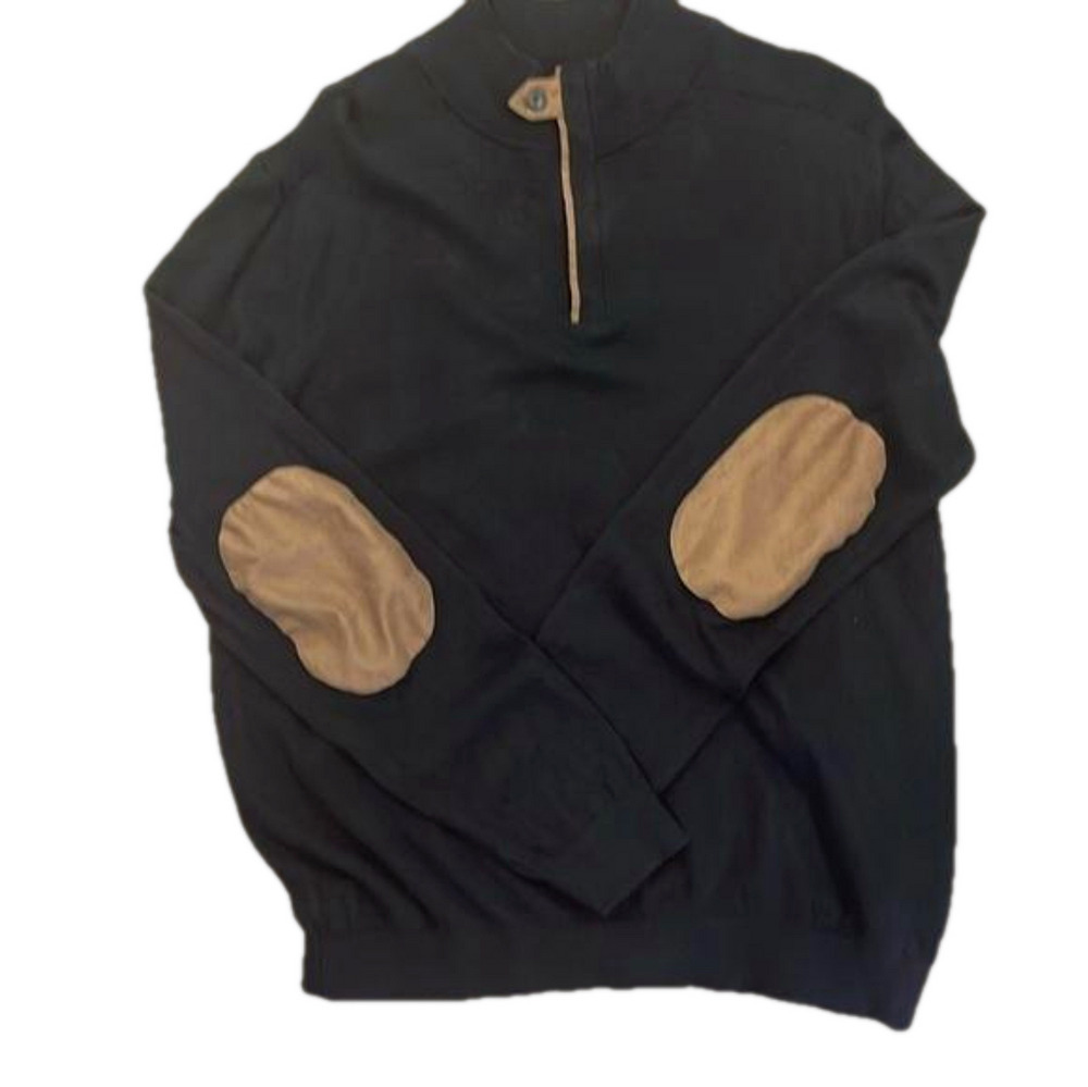 BRICE XL Brown Quarter Zip Cotton Cashmere Suede Trim Sweater